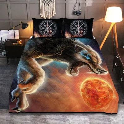 Viking Quilt Bedding Set – Sköll Wolf Chases the Sun Mythic Pursuit