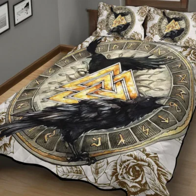 Viking Quilt Bedding Set – Viking Raven Valknut Art Legendary Symbol