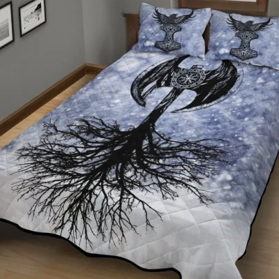 Viking Quilt Bedding Set – Yggdrasil Art – Norse Axe Warrior Design