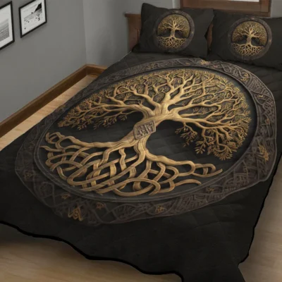 Viking Quilt Bedding Set – Yggdrasil Art Tree of Life Quilt Legendary Roots