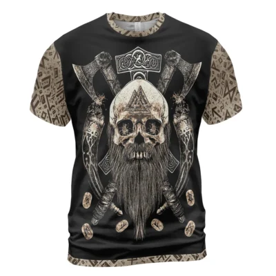 Viking Shirts For Men – Fierce Beard Shirt With Skull, Axe And Valhalla Theme