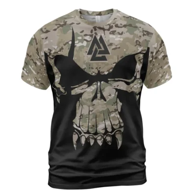 Viking Tee Shirts – Bold Skull T Shirt Mens With Camouflage Pattern Valknut