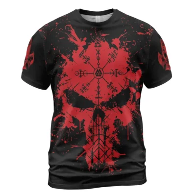 Viking Tees – Powerful Skull On T Shirt With Raven And Viking Compass