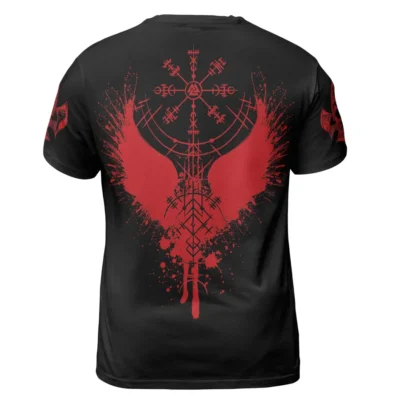 Viking Tees – Powerful Skull On T Shirt With Raven And Viking Compass