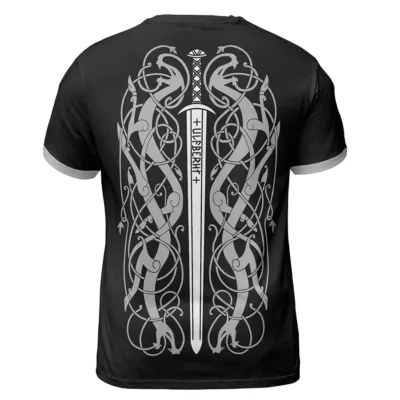 Epic Viking T Shirt – Odin With Raven And Wolf and Ulfberht Sword