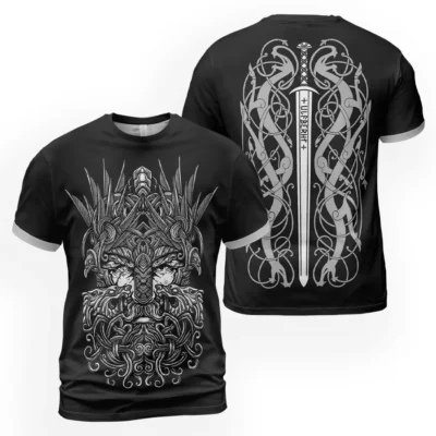 Epic Viking T Shirt – Odin With Raven And Wolf and Ulfberht Sword