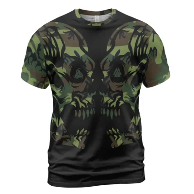 Legendary Camo Skull Viking T-Shirt – Valknut Symbol and Triple Horn