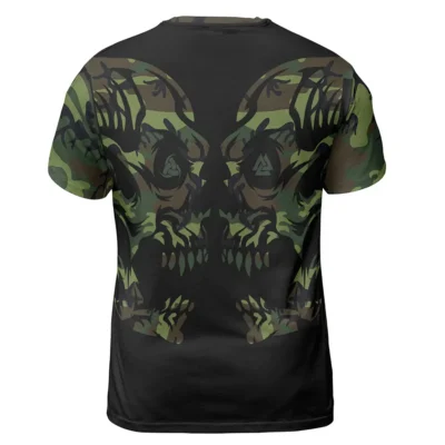 Legendary Camo Skull Viking T-Shirt – Valknut Symbol and Triple Horn