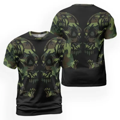 Legendary Camo Skull Viking T-Shirt – Valknut Symbol and Triple Horn