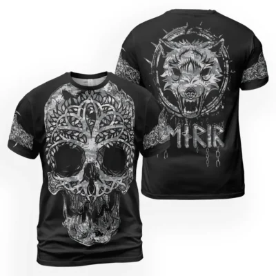 Mythic Viking T Shirt – Skull Celtic Tree of Life with Fenrir Symbol
