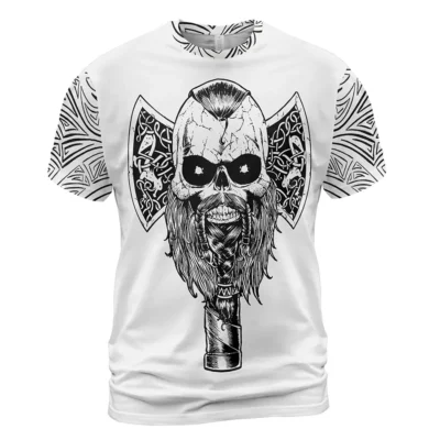 Epic Viking T Shirt – Skull Viking Beards with Norse Axe