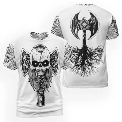 Epic Viking T Shirt – Skull Viking Beards with Norse Axe