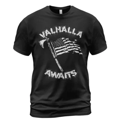 Viking T Shirt Valhalla Awaits Norse Axe Flag Mythic Epic Timeless