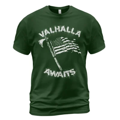 Viking T Shirt Valhalla Awaits Norse Axe Flag Mythic Epic Timeless Viking T Shirt Valhalla Awaits Norse Axe Flag Mythic Epic Timeless