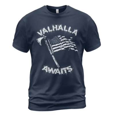 Viking T Shirt Valhalla Awaits Norse Axe Flag Mythic Epic Timeless Viking T Shirt Valhalla Awaits Norse Axe Flag Mythic Epic Timeless
