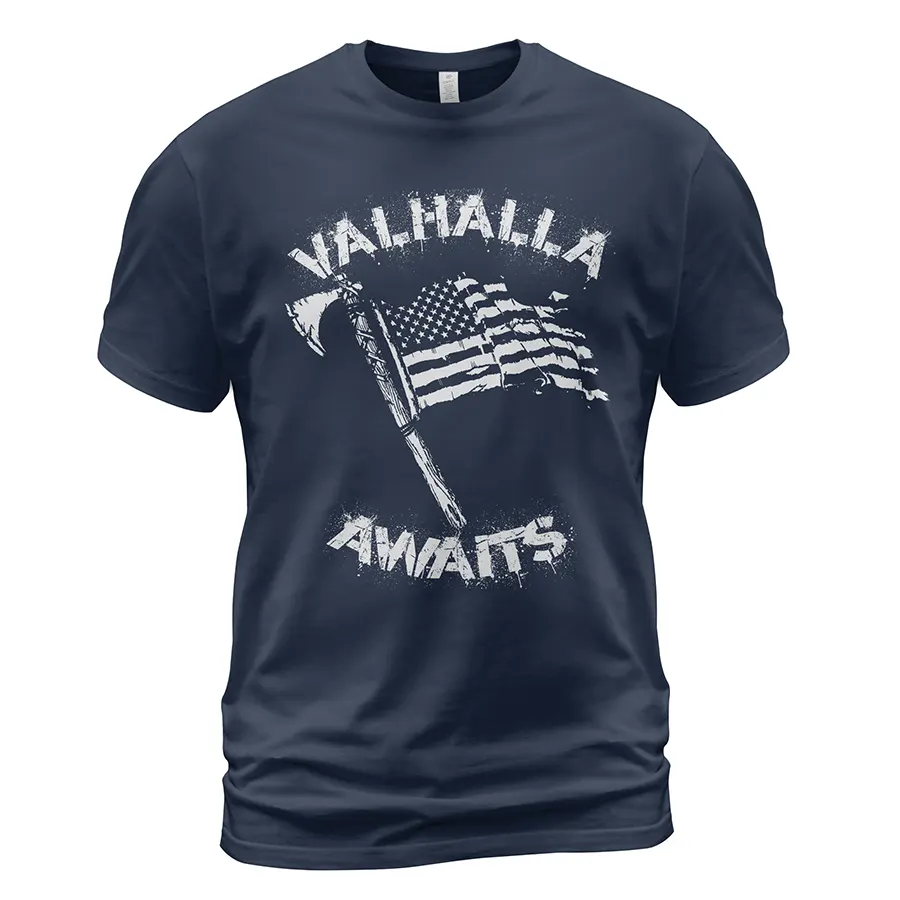 Viking T Shirt Valhalla Awaits Norse Axe Flag Mythic Epic Timeless Viking T Shirt Valhalla Awaits Norse Axe Flag Mythic Epic Timeless