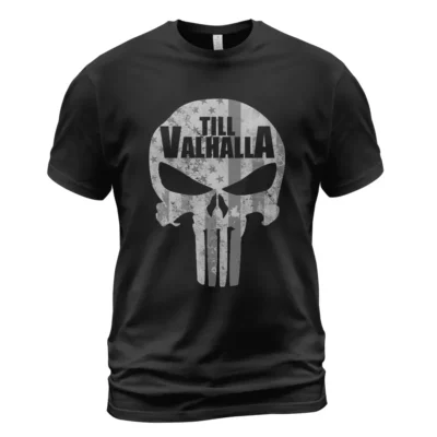 Viking T Shirts Skull Flag Till Valhalla Savage Nordic Energy