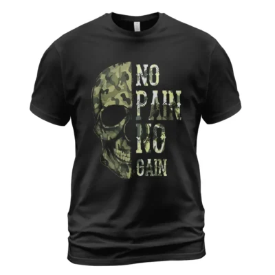 Viking T Shirts No Pain No Gain Skull Camo Battle-Ready Statement