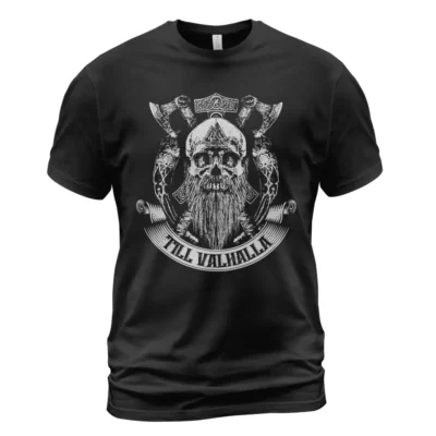 Viking Store Viking Shirts For Men - Till Valhalla - Bearded Viking Skull Epic Norse Symbolism Guide